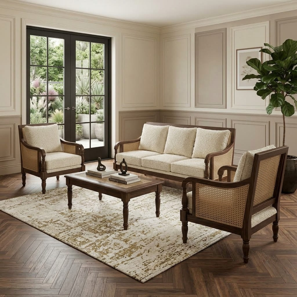 3 seater wooden sofa with two boucle armchairs