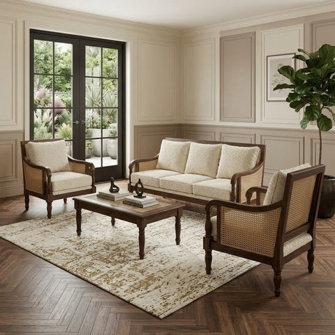 3 seater wooden sofa with two boucle armchairs