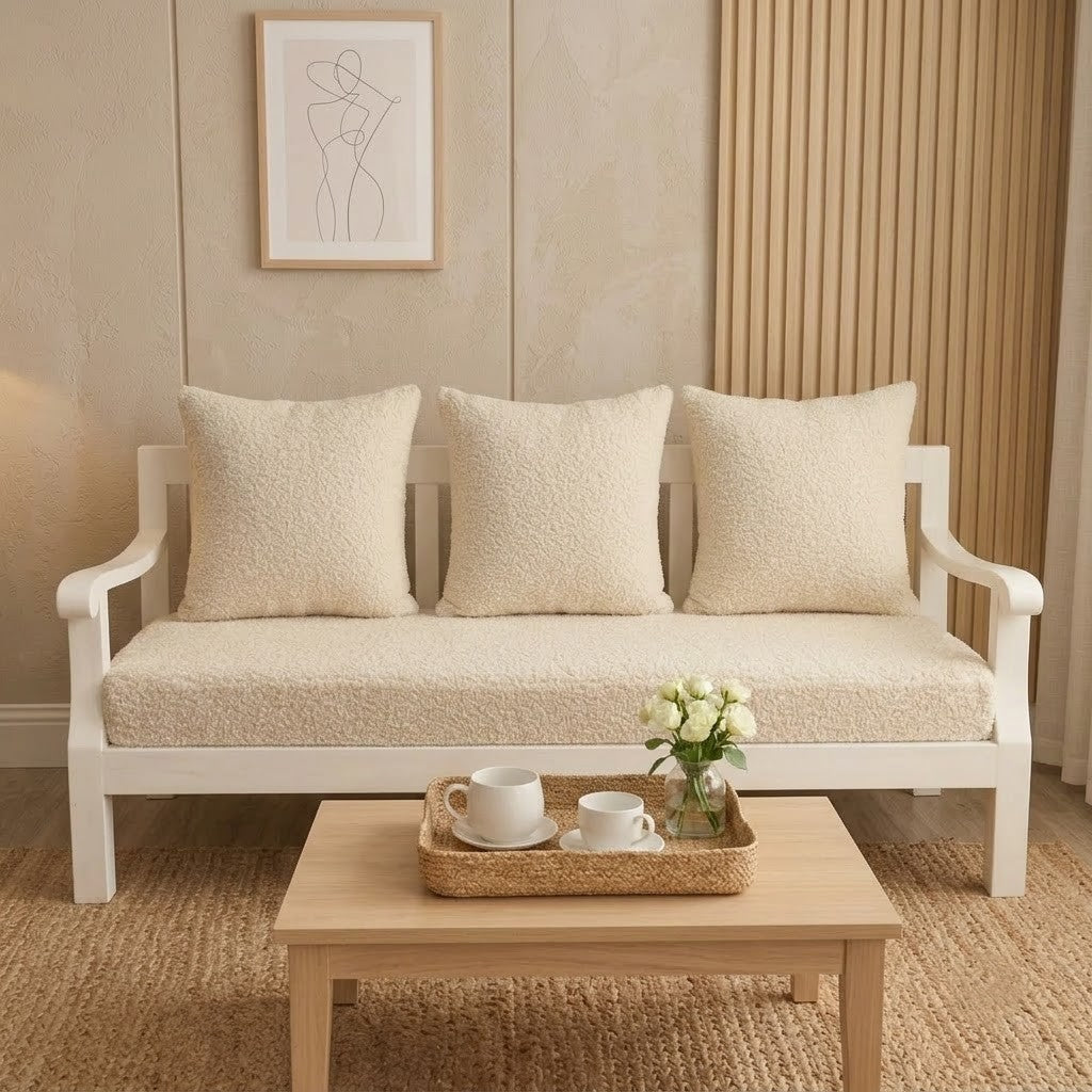 PRITI Crème Boucle 3 Seater Sofa with mango wood frame in living room