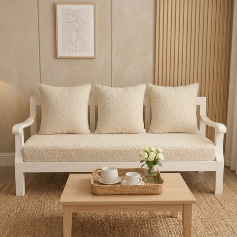 PRITI Crème Boucle 3 Seater Sofa with mango wood frame in living room