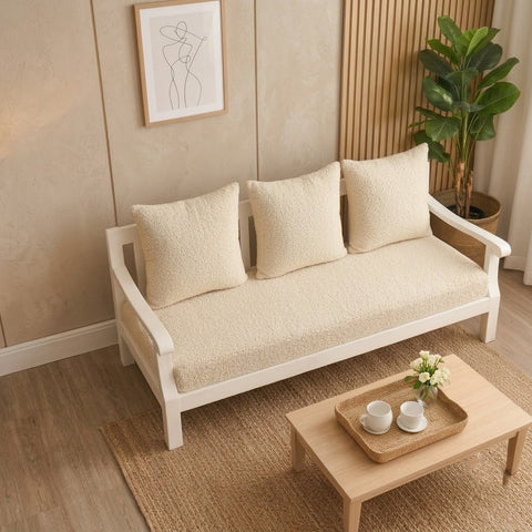 Mango wood 3 seater sofa with crème boucle upholstery and foam cushioning