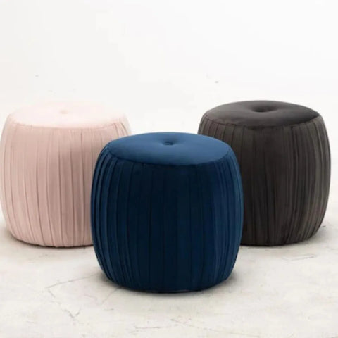 Sommer Glam Navy Velvet Round Ottoman In Solid Seat