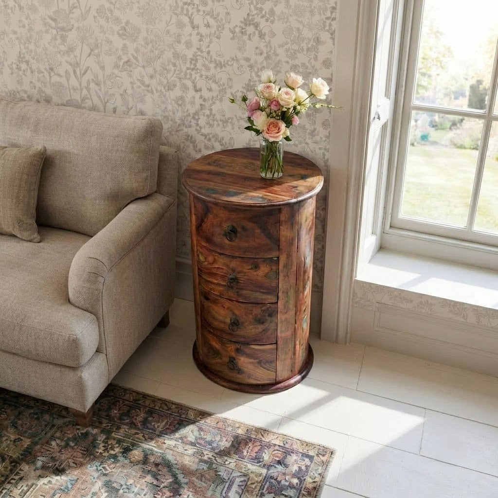 4-Drawer Round End Table | Handcrafted Sheesham Wood Nightstand