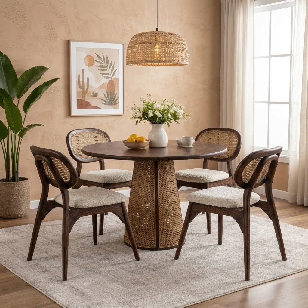 4 Seater Dining Table Set – Dark Walnut Sheesham Wood, Crème Boucle Seating