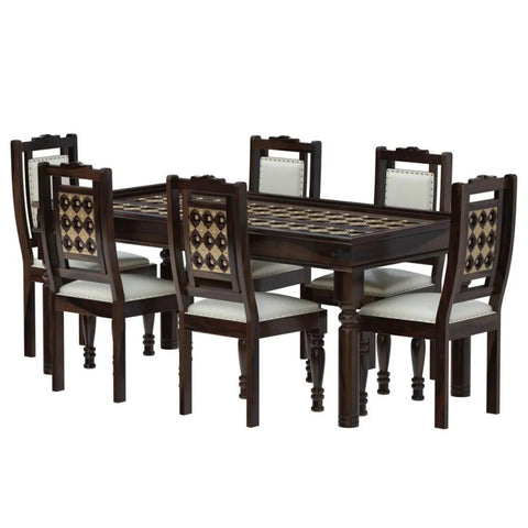 PRITI : Salem Brass Inlay Rustic Solid Wood Dining Table Chair Set