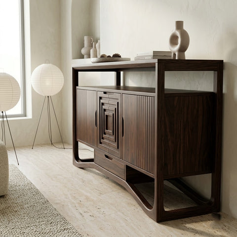 60-inch wooden sideboard cabinet with hinged doors and drawers