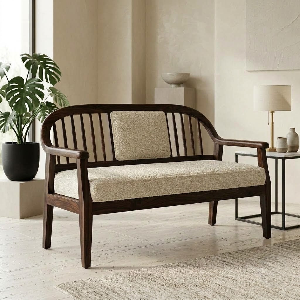 60 Inch Sheesham Wood Seating Bench with Crème Boucle Cushion