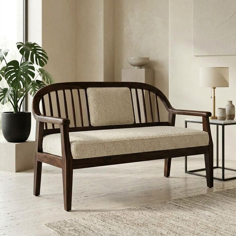 60 Inch Sheesham Wood Seating Bench with Crème Boucle Cushion