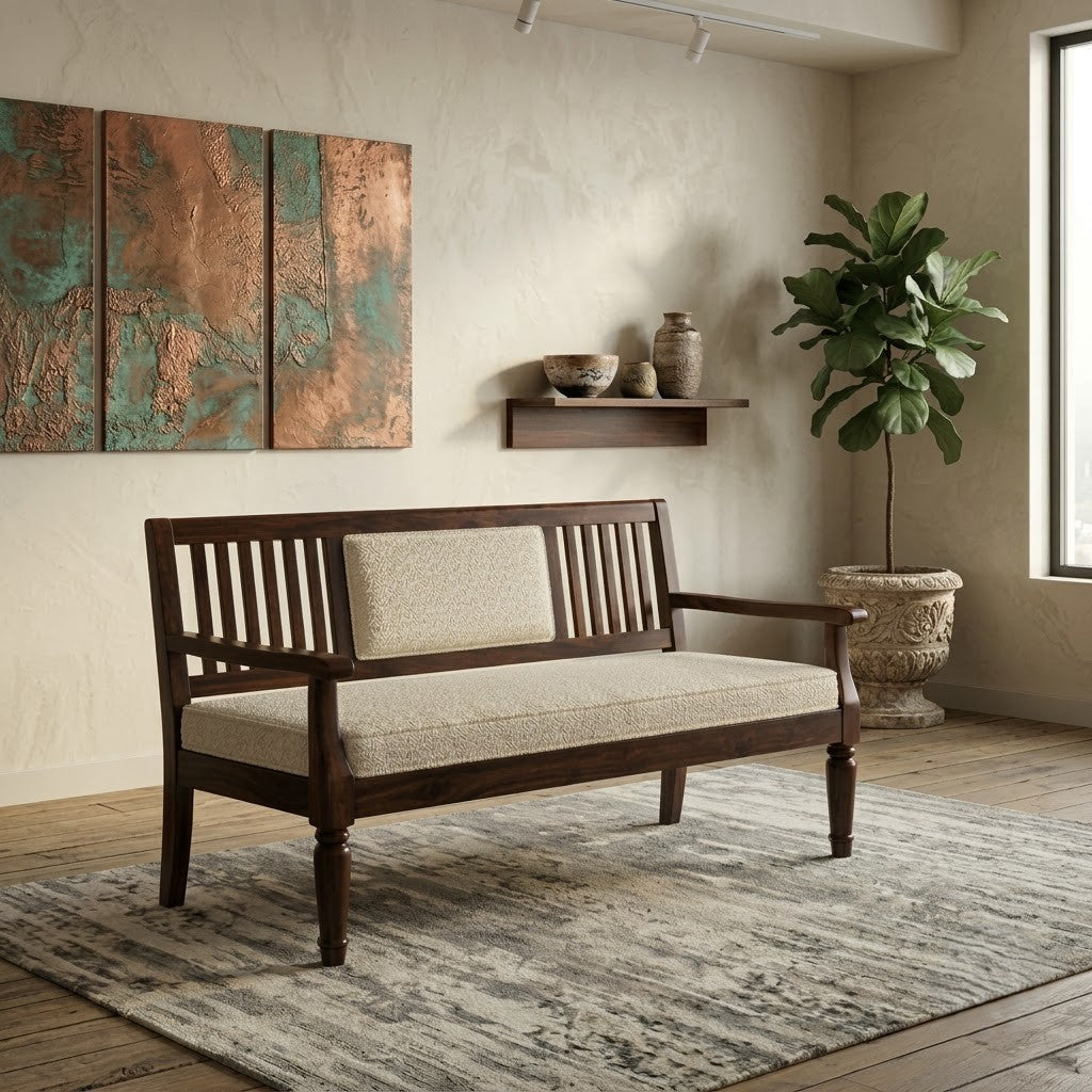 60 inch Dark Walnut wooden bench with crème boucle fabric