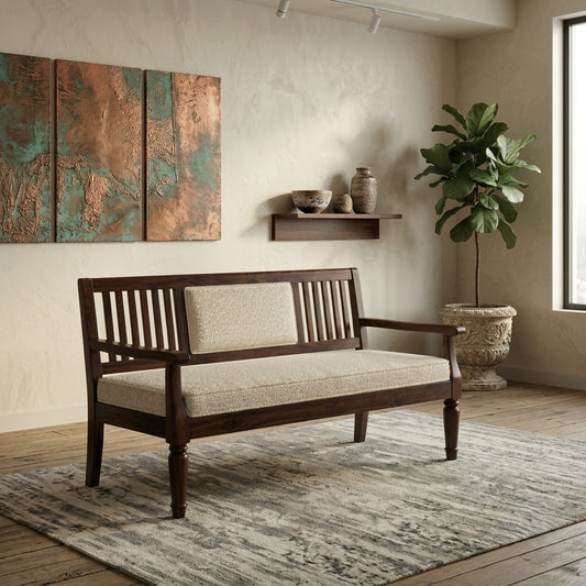 60 inch Dark Walnut wooden bench with crème boucle fabric