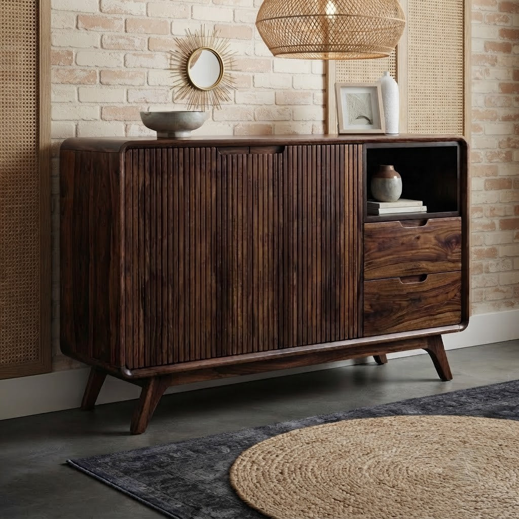 60 inch Sheesham wood storage cabinet with shelves and hinged doors