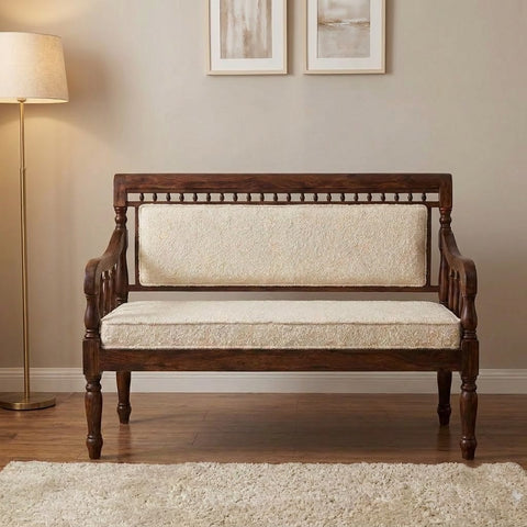 60 inch wooden bench for living room with upholstered crème bouclé seat