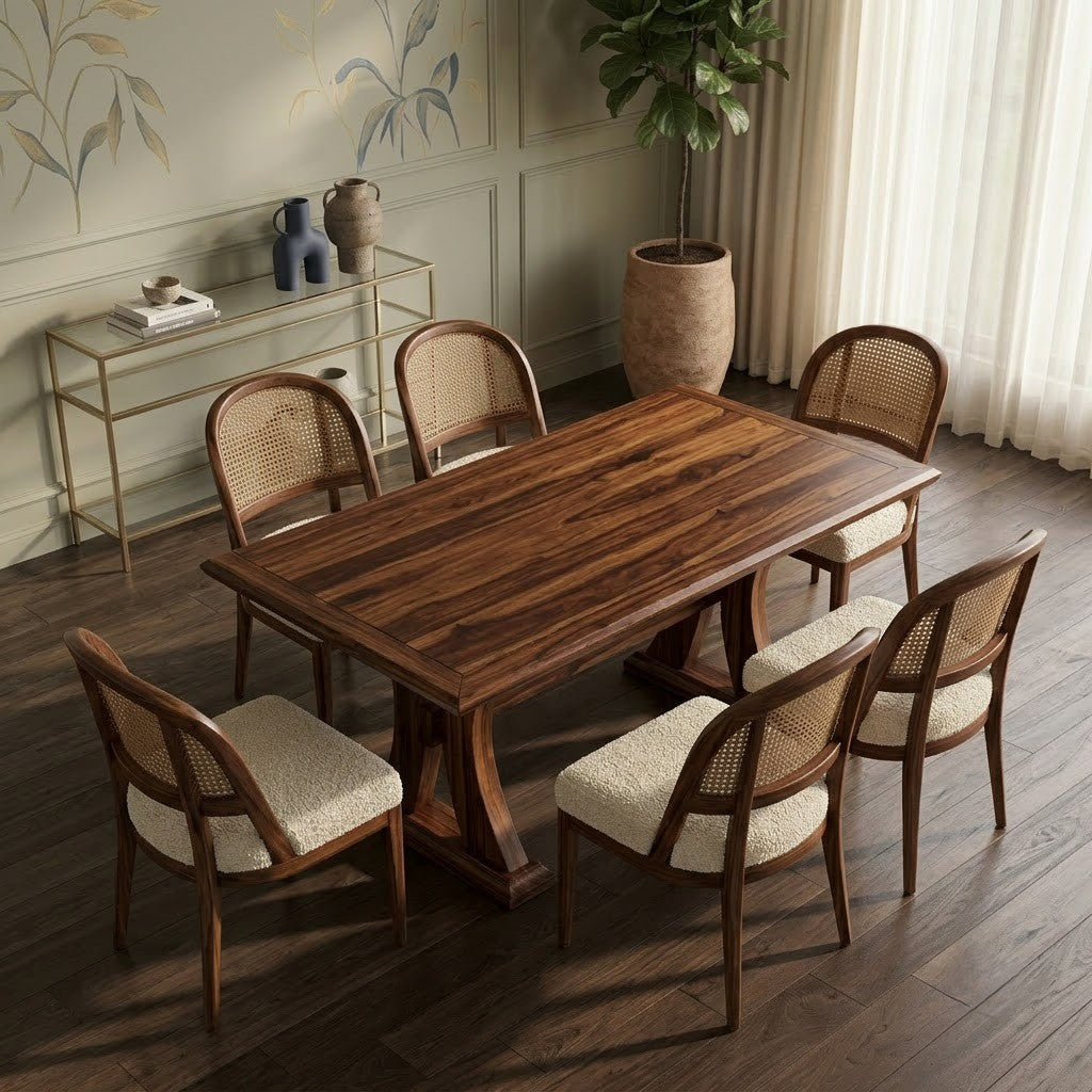 6 seater solid Sheesham dining table with boucle chairs