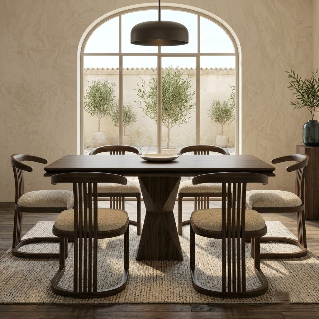 6 seater solid wood dining table with Crème Boucle chairs