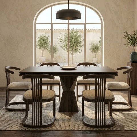 6 seater solid wood dining table with Crème Boucle chairs