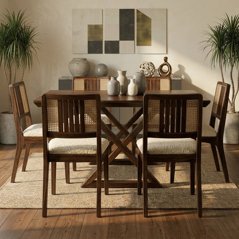 6 seater wooden dining set with Crème Boucle chairs