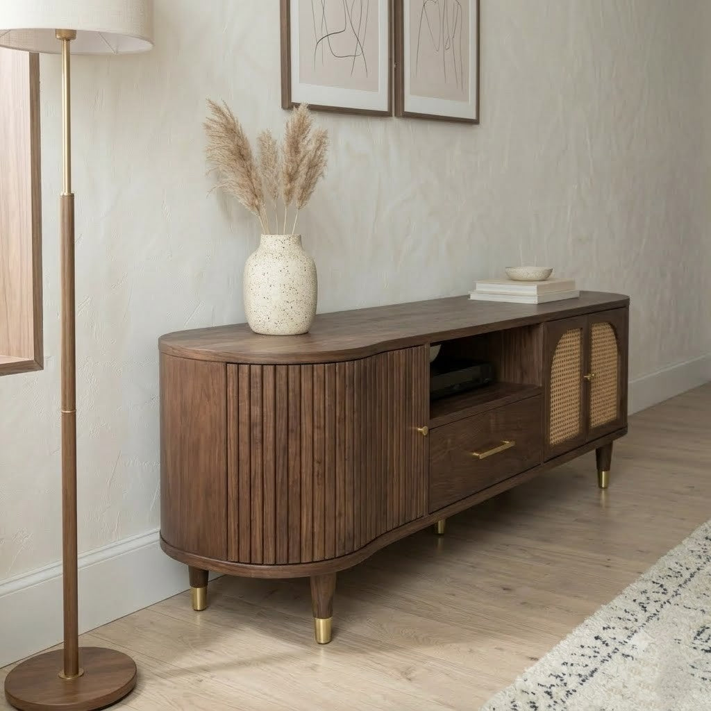 70-inch Dark Walnut Sheesham wood TV console with storage for living room