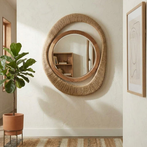 Acacia wood wall mirror with rope detailing