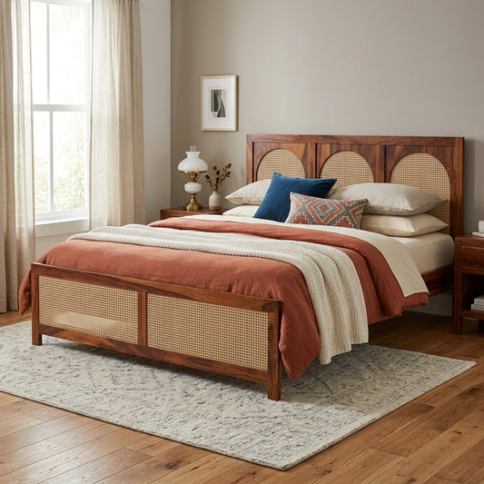 PRITI Wood and Cane Bed: Elegant, Durable & Comfort-Enhancing Design