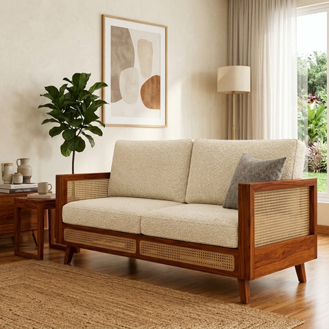 PRITI Sheesham Wood and Cane Sofa for Living Room