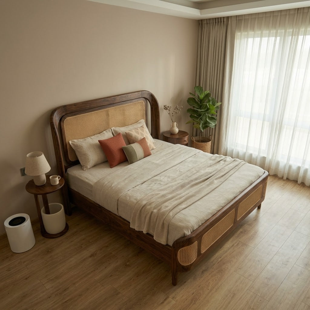 Arched Headboard Wooden Bed with Cane Footboard | PRITI