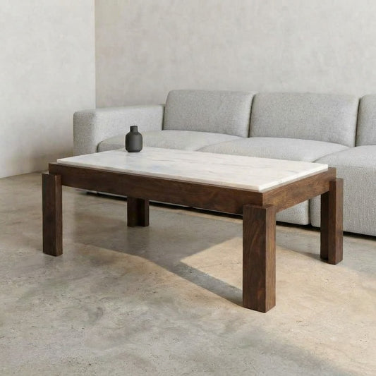 Banswara White Marble Tabletop with Dark Walnut Wooden Legs