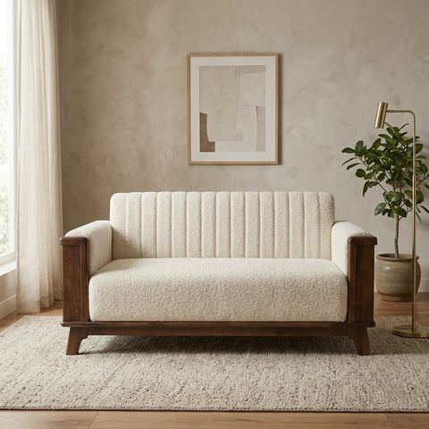 Beige boucle upholstered two-seater wooden sofa for living room