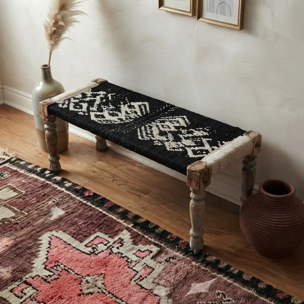 Black and Natural Rope Charpai Bench for Home