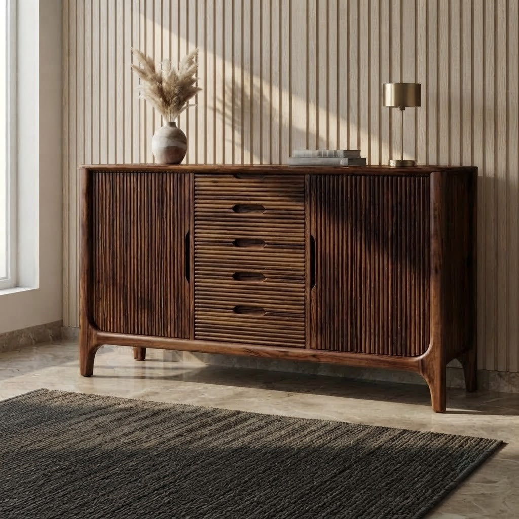 Bring timeless elegance to your living room with the PRITI Premium Wooden Sideboard and Cabinet. Crafted from solid Sheesham wood with a rich walnut finish, this spacious storage unit combines hinged-door cabinets and drawers to keep your space organized and stylish.