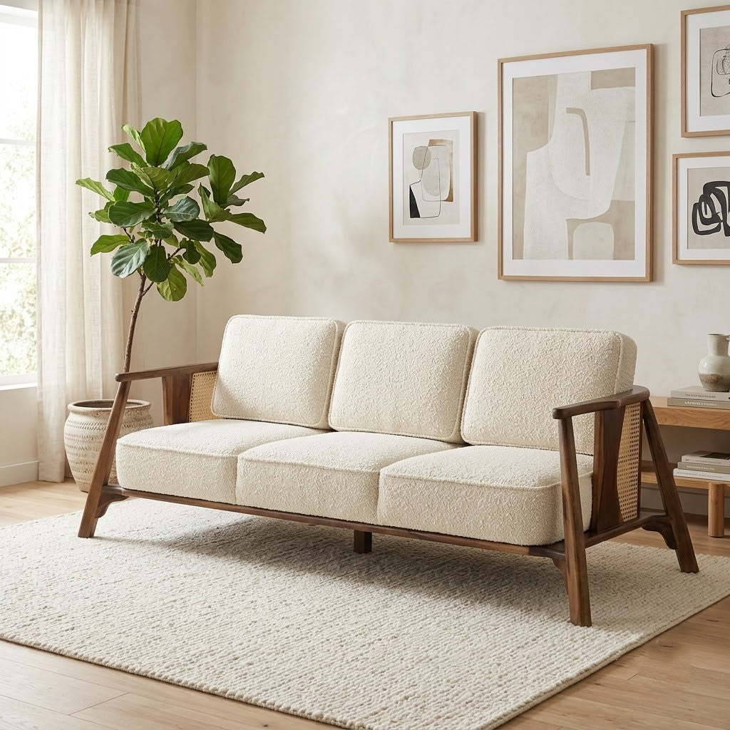 Brown wooden three seater sofa with textured crème bouclé upholstery