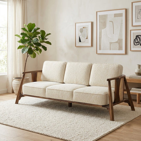 Brown wooden three seater sofa with textured crème bouclé upholstery