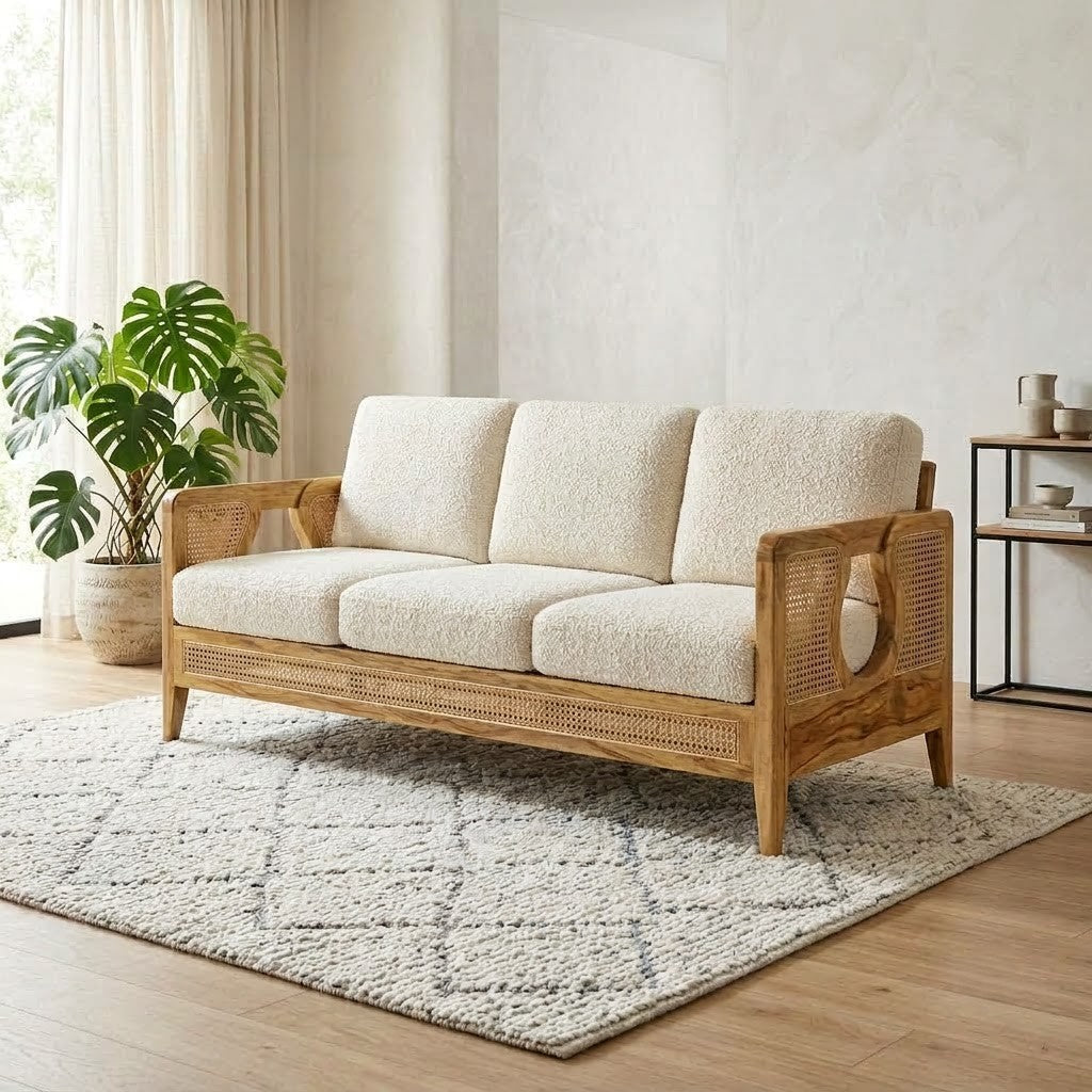 Cane Panel Wooden Sofa with Cushioned Seats, 70 Inch