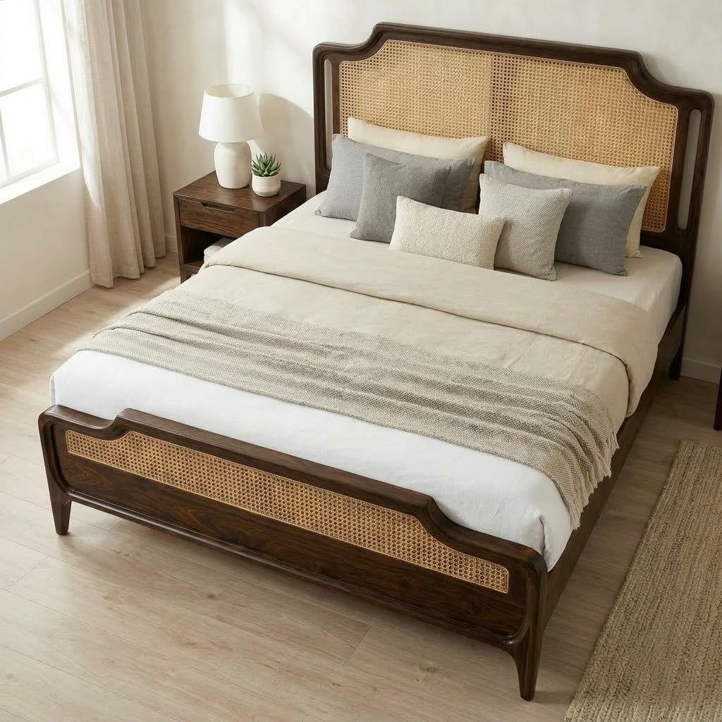 Cane Weaving Headboard Bed in Dark Walnut Sheesham Wood | PRITI