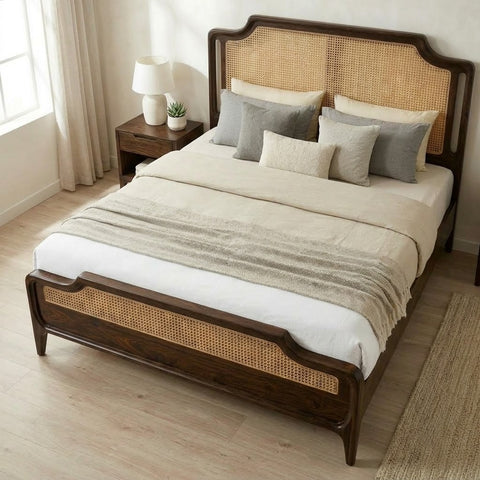 Cane Weaving Headboard Bed in Dark Walnut Sheesham Wood | PRITI