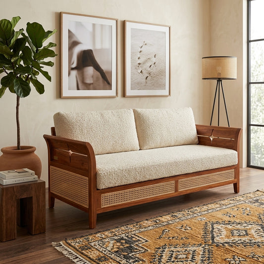 PRITI Sheesham Wood and Cane Sofa for Living Room