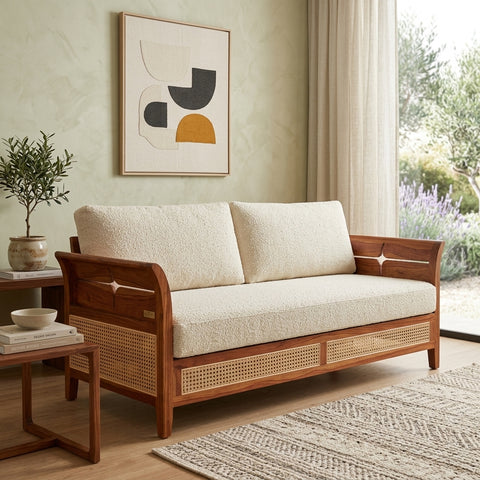 PRITI Sheesham Wood and Cane Sofa for Living Room