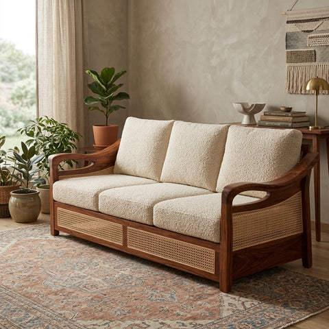 PRITI Sheesham Wood and Cane Sofa for Living Room