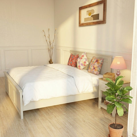 PRITI Solid Wood Queen Size Bed - Milky White