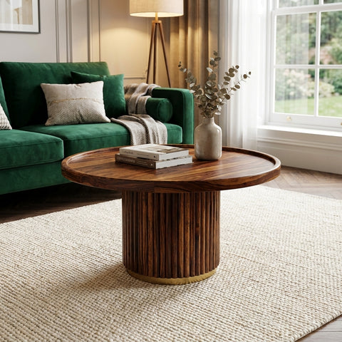 PRITI Round Coffee Table (Walnut Finish) | Wooden Coffee Table for Living Room