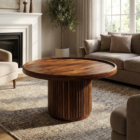 PRITI Round Coffee Table (Walnut Finish) | Wooden Coffee Table for Living Room