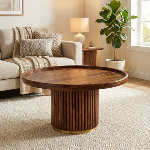 PRITI Round Coffee Table (Walnut Finish) | Wooden Coffee Table for Living Room