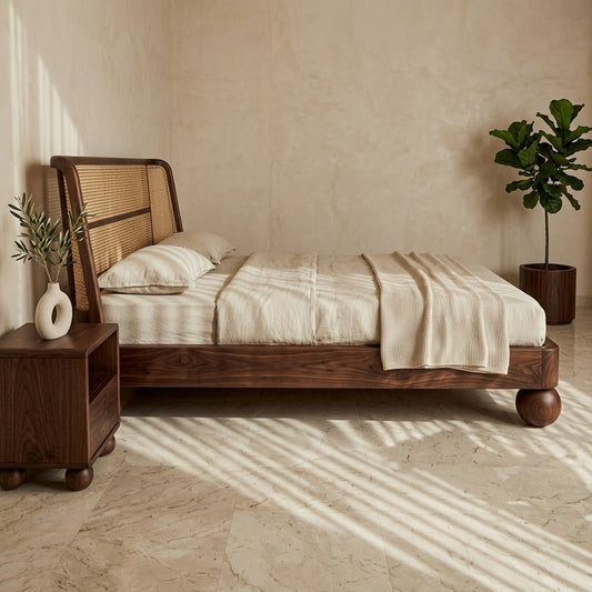 Priti Sheesham Wood Bed with Ball Shaped Legs and Cane Weaving Headboard