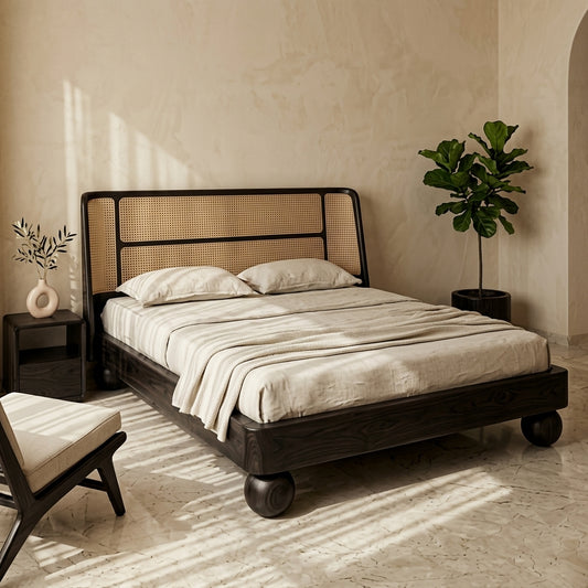 Priti Sheesham Wood Bed with Ball Shaped Legs and Cane Weaving Headboard