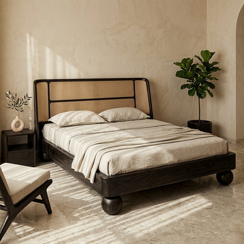 Priti Sheesham Wood Bed with Ball Shaped Legs and Cane Weaving Headboard