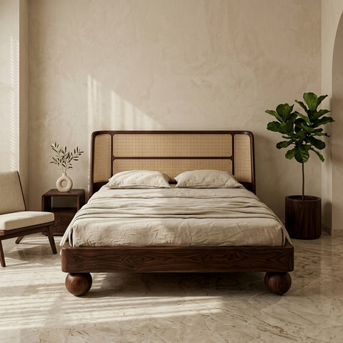 Priti Sheesham Wood Bed with Ball Shaped Legs and Cane Weaving Headboard