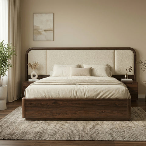 Priti Premium Sheesham Wood Bed with Velvet Headboard