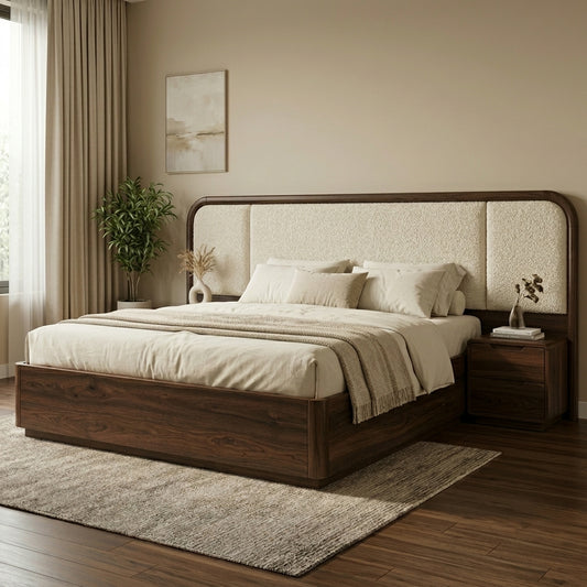 Priti Premium Sheesham Wood Bed with Velvet Headboard