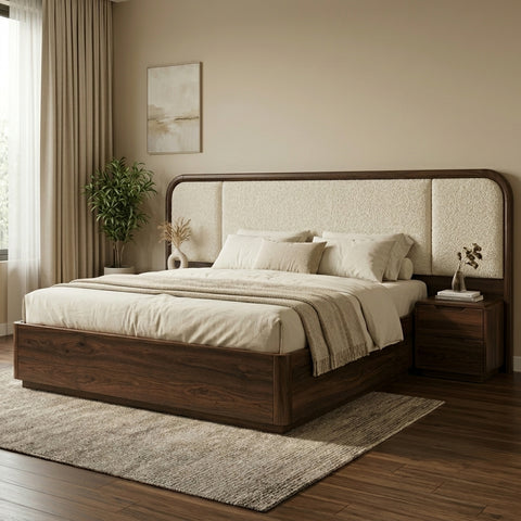 Priti Premium Sheesham Wood Bed with Velvet Headboard