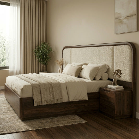 Priti Premium Sheesham Wood Bed with Velvet Headboard