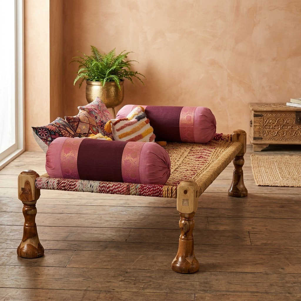 PRITI Rustic Indian Rope Bed – Solid Sheesham Wood with Natural Jute Weave